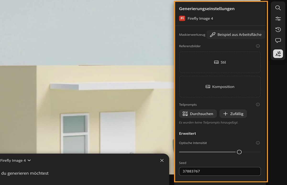 Der Generierungsverlauf ist verfügbar und die Option „Einstellungen der Generierung“ ist im Prompt neben der Schaltfläche „Generieren“ hervorgehoben.