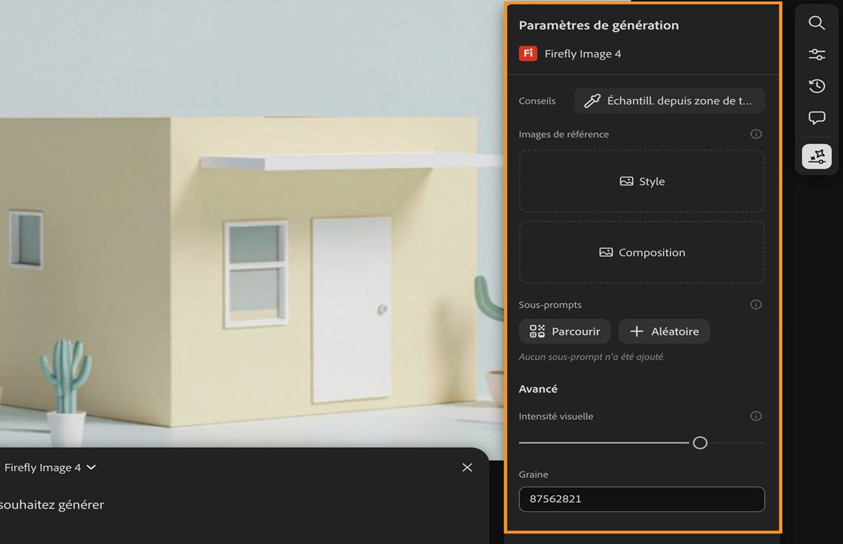 L’historique des générations est disponible et l’option Paramètres de génération est mise en évidence en regard du bouton Générer dans le prompt textuel.
