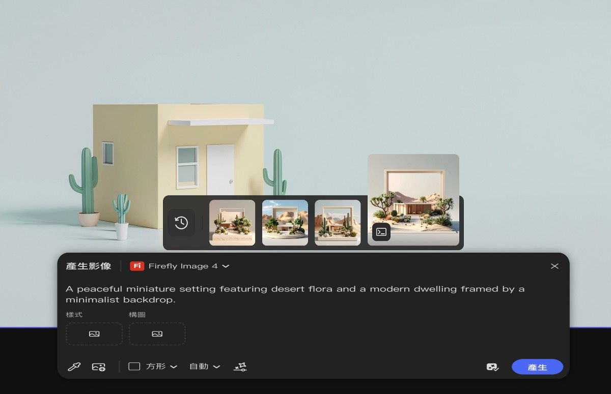 已從產生歷史記錄列中選取兩個產生影像的變化版本，且已選擇「放置至畫布上」選項，以將其移至畫布。