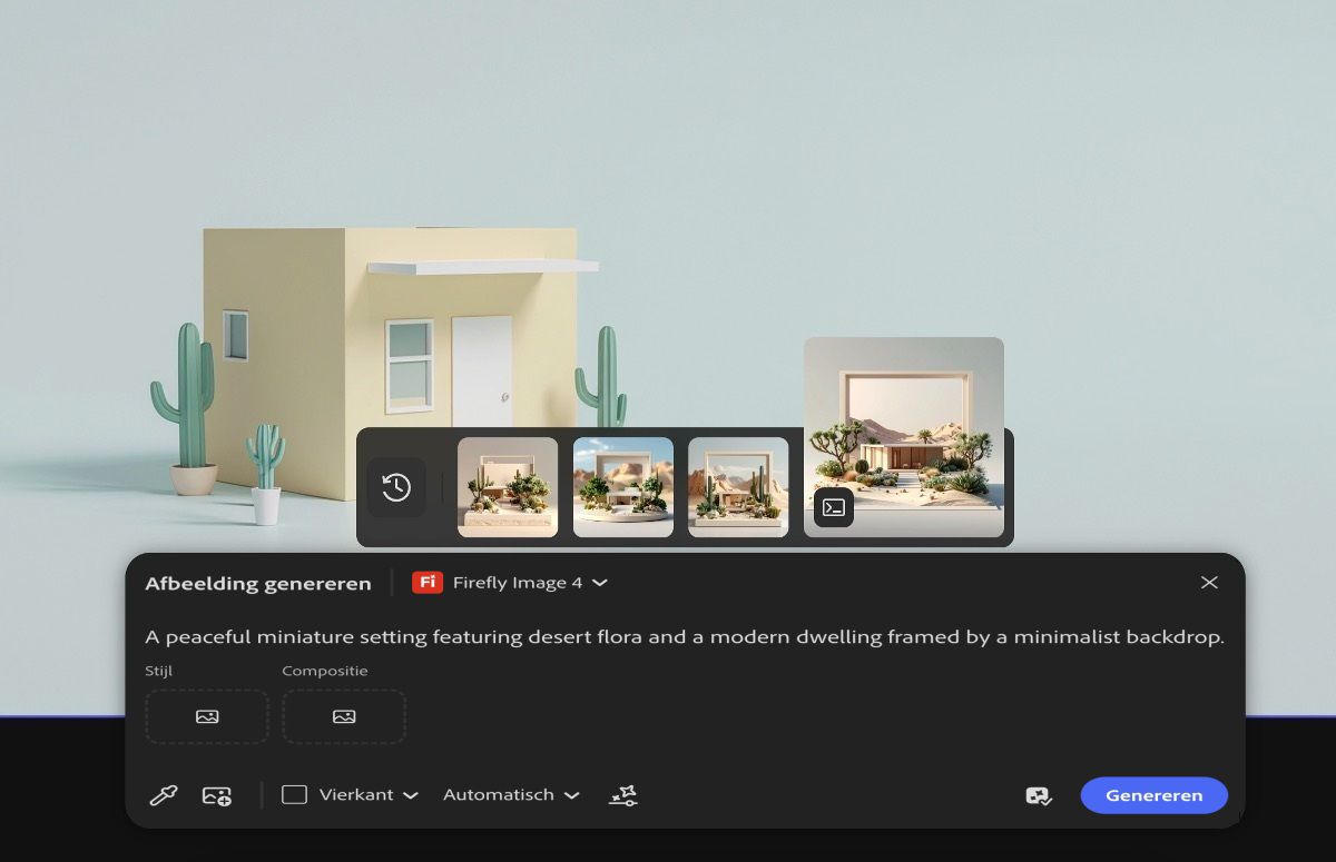 De twee gegenereerde afbeeldingsvariaties worden geselecteerd uit de strip met de generatiehistorie en de optie Plaatsen op canvas wordt gekozen om ze naar het canvas te verplaatsen.