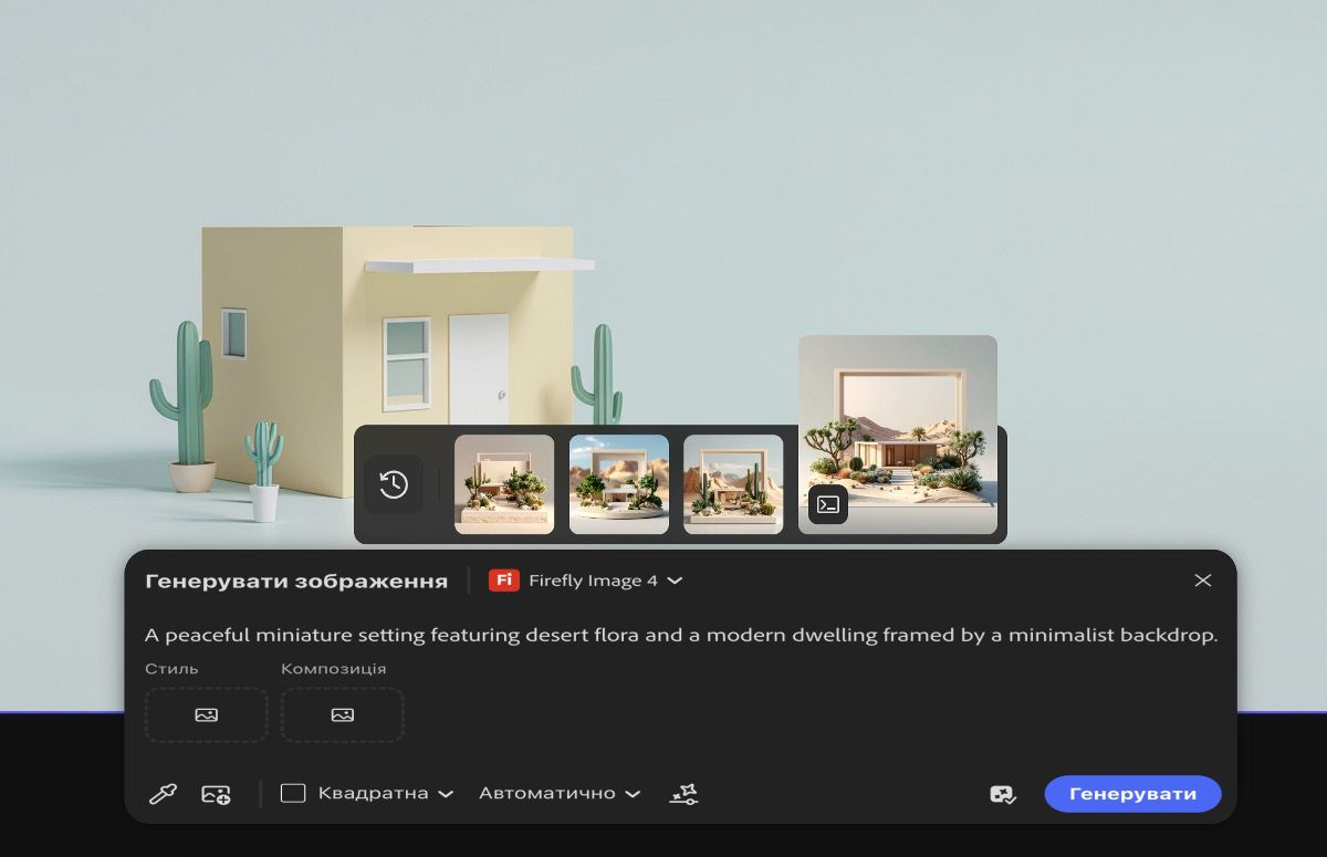 У стрічці історії генерування вибрано дві згенеровані варіації зображення, і за допомогою параметра «Помістити на полотно» їх буде перенесено на полотно.