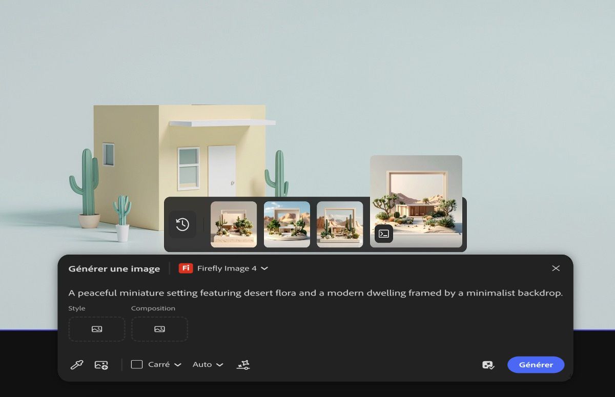 Les deux variations d’image générées sont sélectionnées dans la bande d’historique des générations, et l’option Placer sur la zone de travail est choisie pour les déplacer vers la zone de travail.