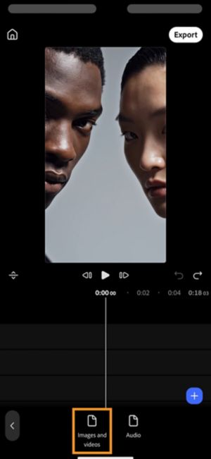 Images and videos option highlighted alongside Audio, with an empty timeline below.