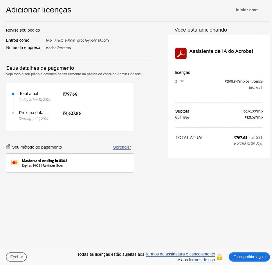 Página Adicionar licença