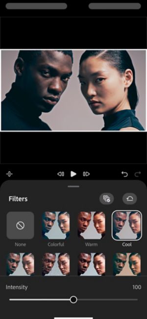 Filters panel with Cool selected among None, Colorful, and Warm presets, Intensity set to 100.