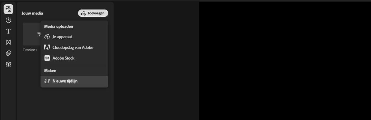 De optie Toevoegen in het deelvenster Je media is gemarkeerd en uitgevouwen om de opties Media uploaden, Adobe Stock en Nieuwe tijdlijn weer te geven. 