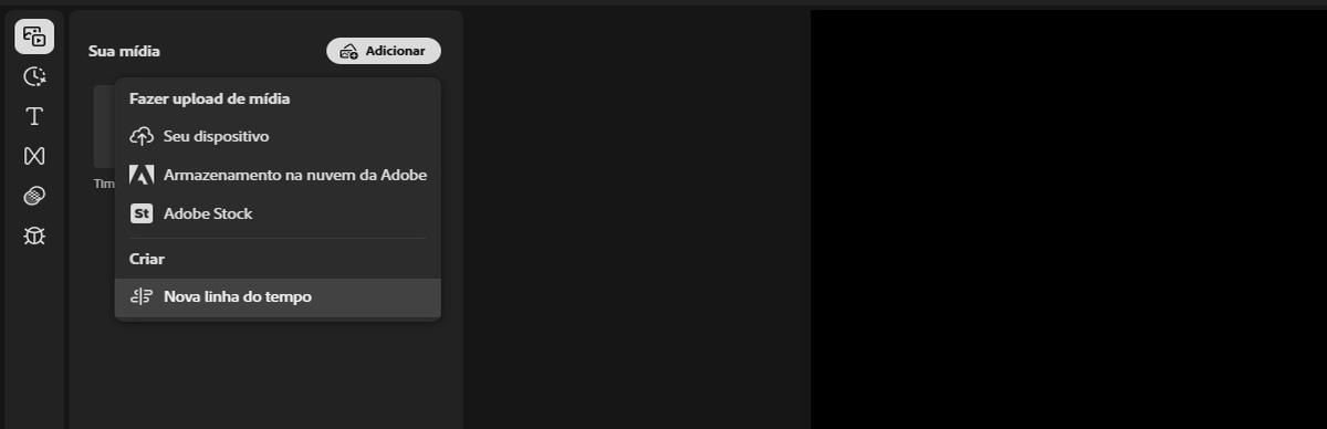 A opção Adicionar no painel de mídia é realçada e expandida para exibir as opções Carregar mídia, Adobe Stock e Nova linha do tempo. 