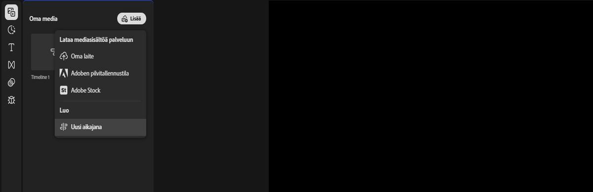 Media-paneelin Lisää-vaihtoehto on korostettuna ja laajennettuna, jolloin siinä näkyvät vaihtoehdot Lataa media palveluun, Adobe Stock ja Uusi aikajana. 