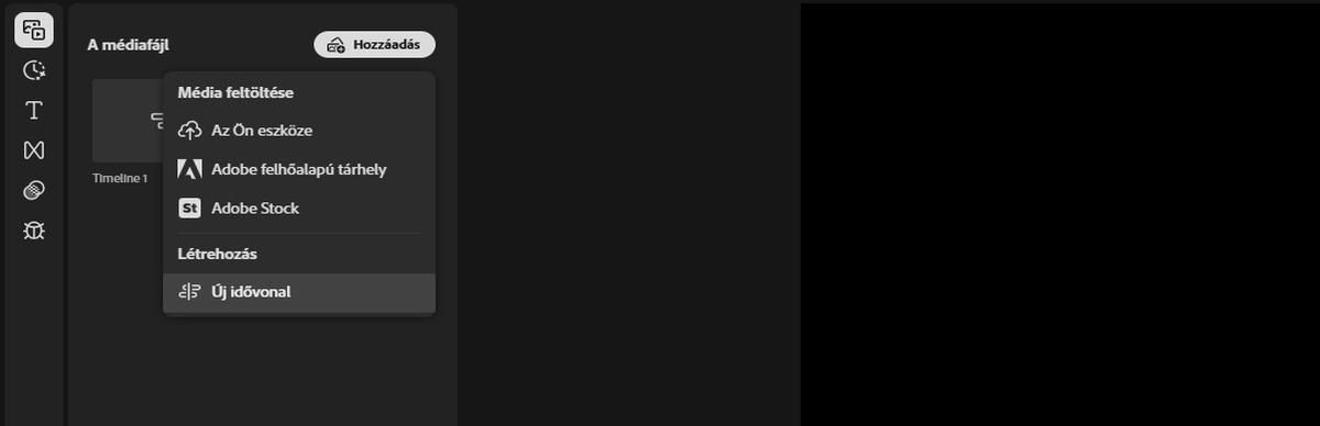 A Saját médiapanel Hozzáadás opciója ki van emelve és ki van bontva hogy megjelenítse a Média feltöltése, az Adobe Stock és az Új idővonal lehetőségeket. 