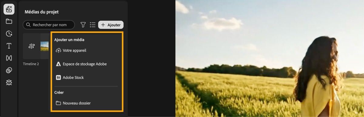 L’option Ajouter dans le panneau Vos médias est mise en surbrillance et développée pour afficher les options Charger un média, Adobe Stock et Nouveau montage. 