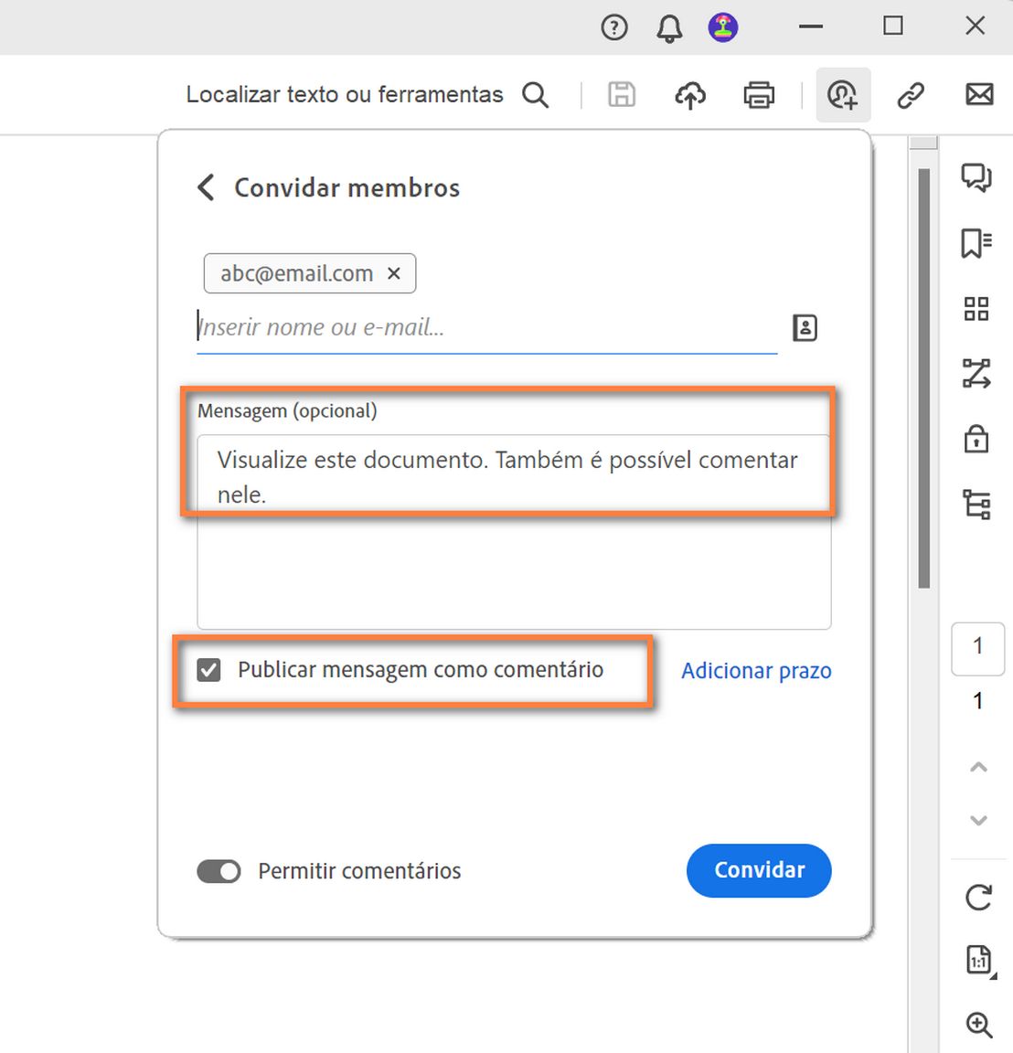 Mensagem adicionada na caixa de diálogo de convite