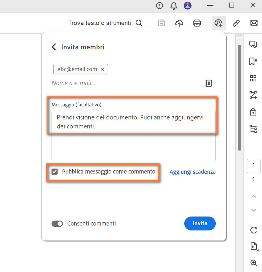Messaggio aggiunto nella finestra di dialogo dell’invito