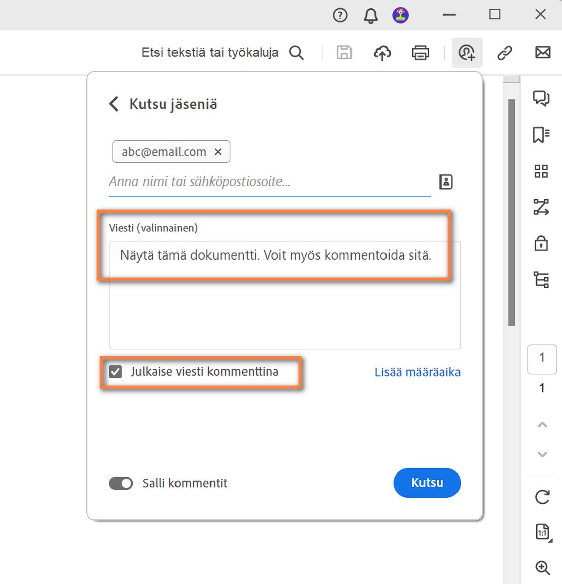 Kutsu-valintaikkunaan lisätty viesti