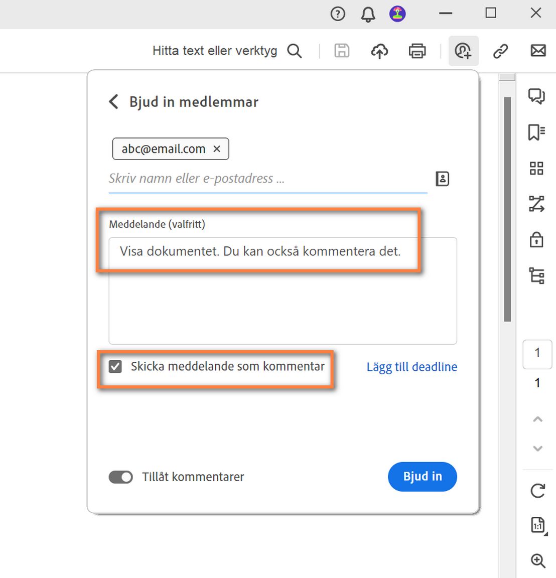 Ett meddelande har lagts till i dialogrutan för inbjudan