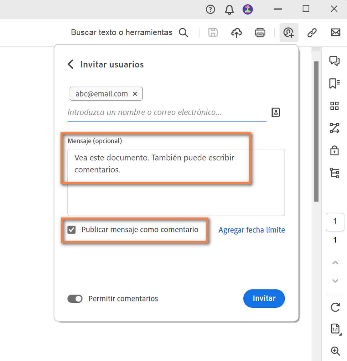 Mensaje añadido en el cuadro de diálogo de invitación