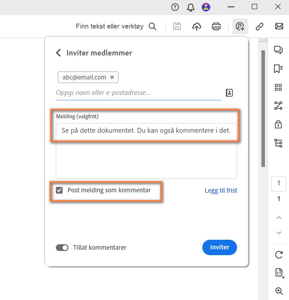 Bericht toegevoegd in het uitnodigingsdialoogvenster