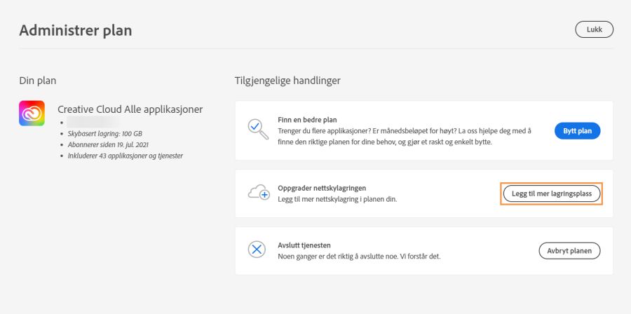 Velg Legg til mer lagringsplass i delen Oppgrader skylagring