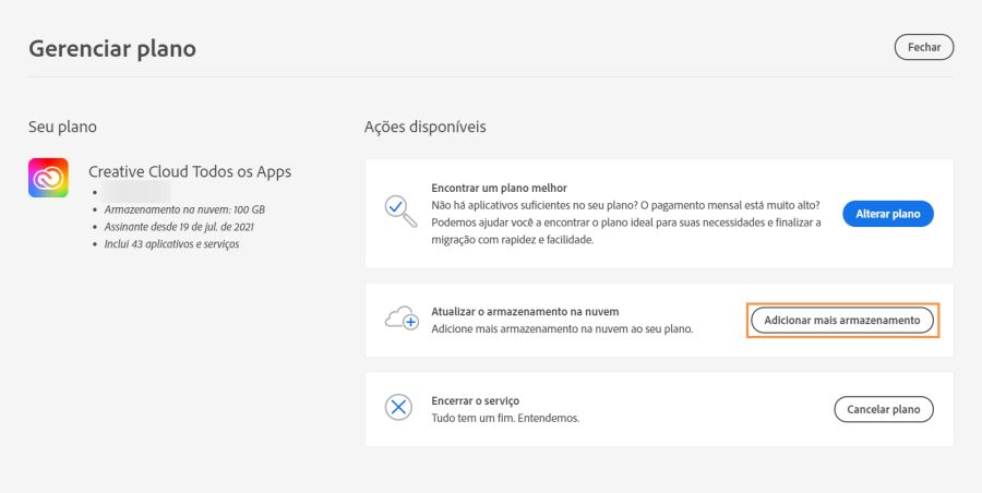 Selecione Adicionar mais armazenamento na seção Atualizar armazenamento na nuvem