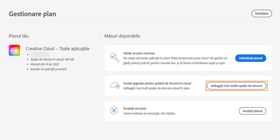 Selectați Adăugare spațiu de stocare suplimentar în secțiunea Upgrade spațiu de stocare în cloud