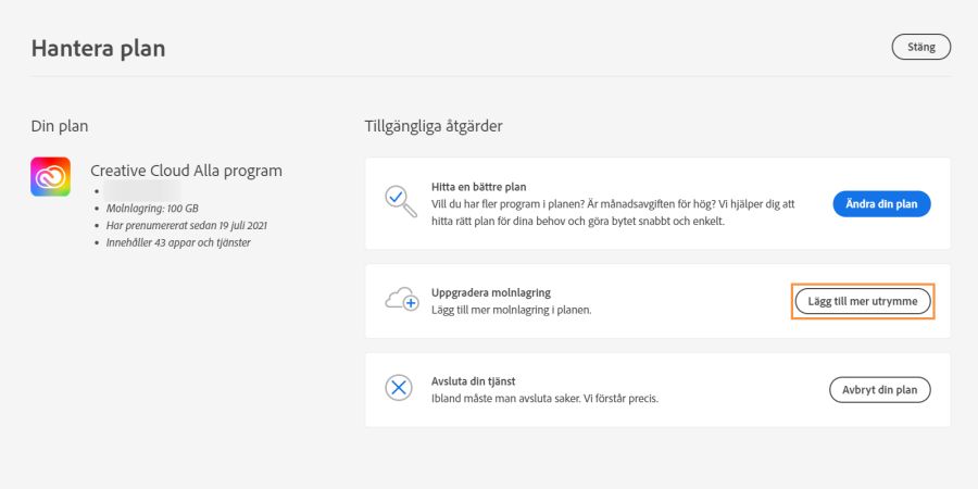 Välj Lägg till mer lagringsutrymme i avsnittet för uppgradering av molnlagring