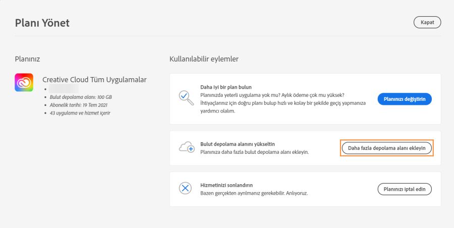 Bulut depolama alanını yükselt bölümünde Daha fazla depolama alanı ekle'yi seçin