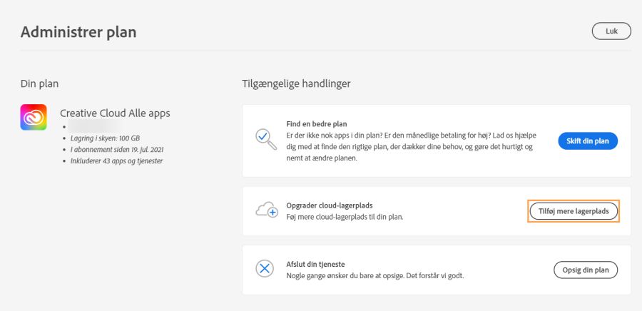 Vælg Tilføj mere lagerplads under Opgrader cloud-lagerplads