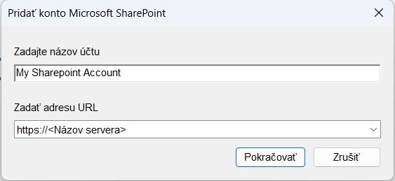 Dialógové okno Pridanie účtu Microsoft SharePoint