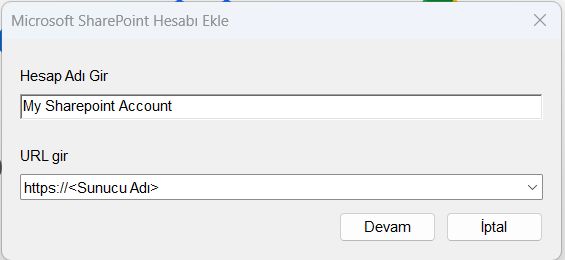 Microsoft SharePoint Hesabı Ekle iletişim kutusu