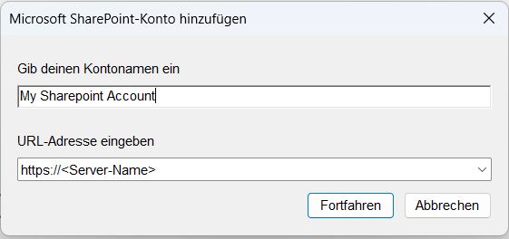 Dialogfeld „Microsoft SharePoint-Konto hinzufügen“