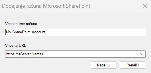 Pogovorno okno Dodajanje računa Microsoft SharePoint