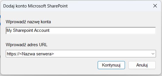 Okno dialogowe dodawania konta Microsoft SharePoint
