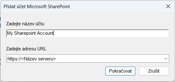 Dialogové okno Přidat účet Microsoft SharePoint