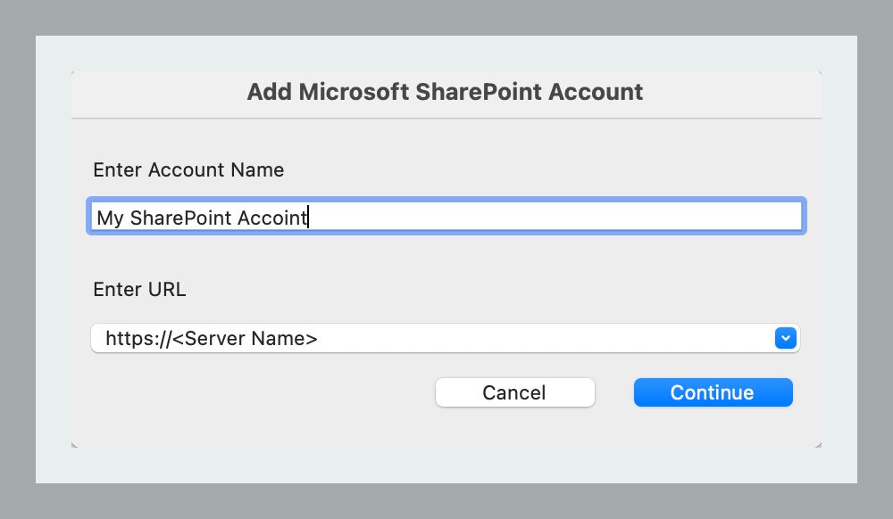 תיבת הדו-שיח Add Microsoft SharePoint Account