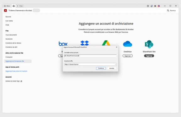 Aggiungere un account SharePoint in Acrobat o Reader