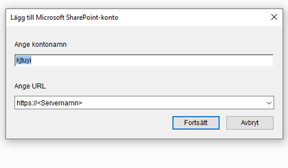 Dialogrutan Lägga till Microsoft SharePoint-konto