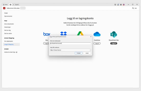 Legge til SharePoint-konto i Acrobat eller Reader