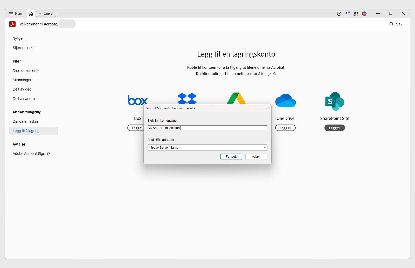 Dialogboksen Legg til Microsoft SharePoint-konto