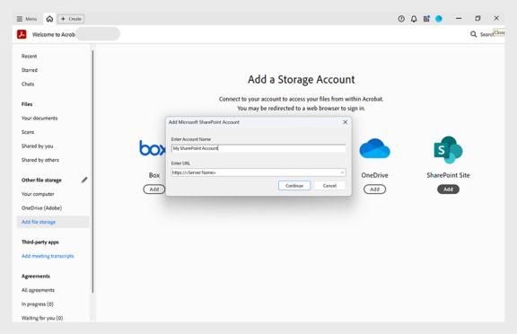 Adição de uma conta do SharePoint no Acrobat ou Reader