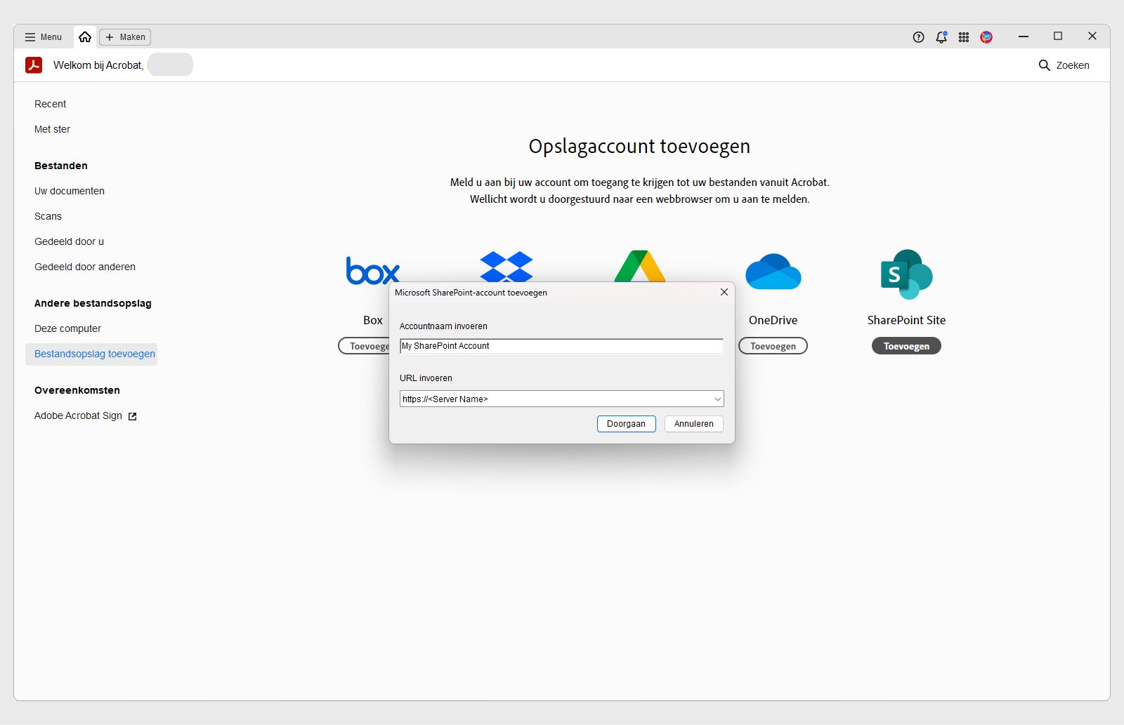 Dialoogvenster Microsoft SharePoint-account toevoegen