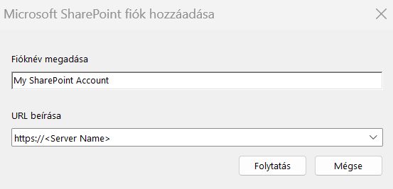 Microsoft SharePoint fiók hozzáadása párbeszédpanel