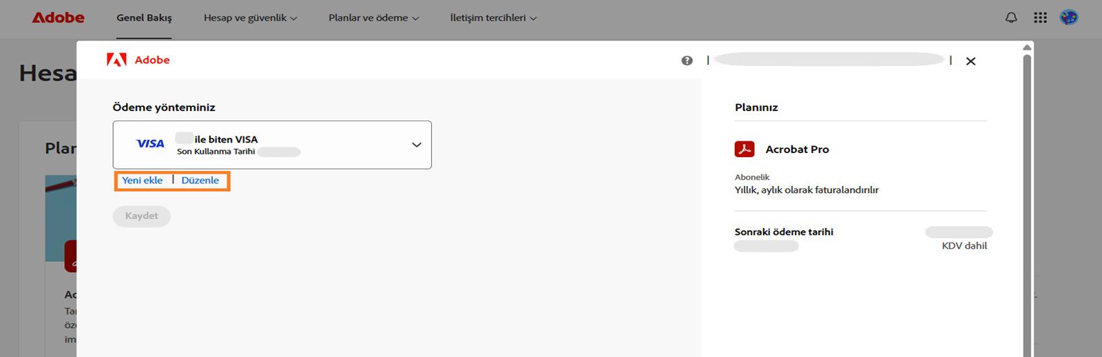 Ödeme yöntemi pencerenizde Yeni ödeme yöntemleri ekle ve Ödeme yöntemlerini düzenle seçenekleri görüntülenir.