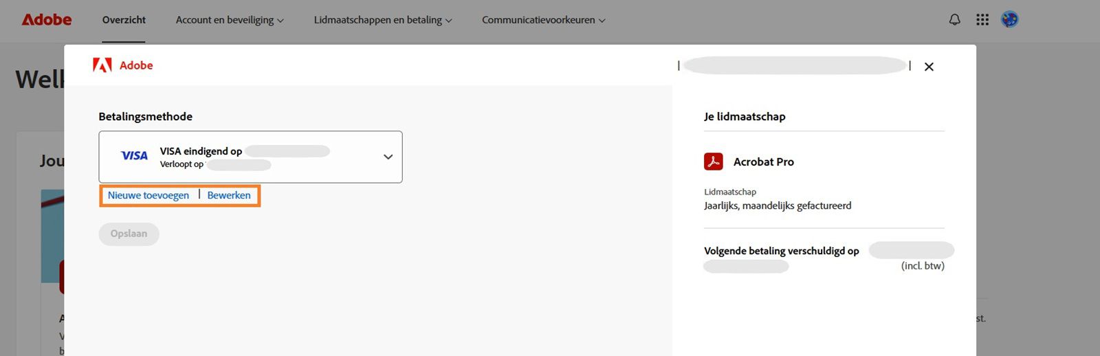 In het venster Betaalmethode worden opties weergegeven voor Nieuwe toevoegen en Betaalmethoden bewerken.