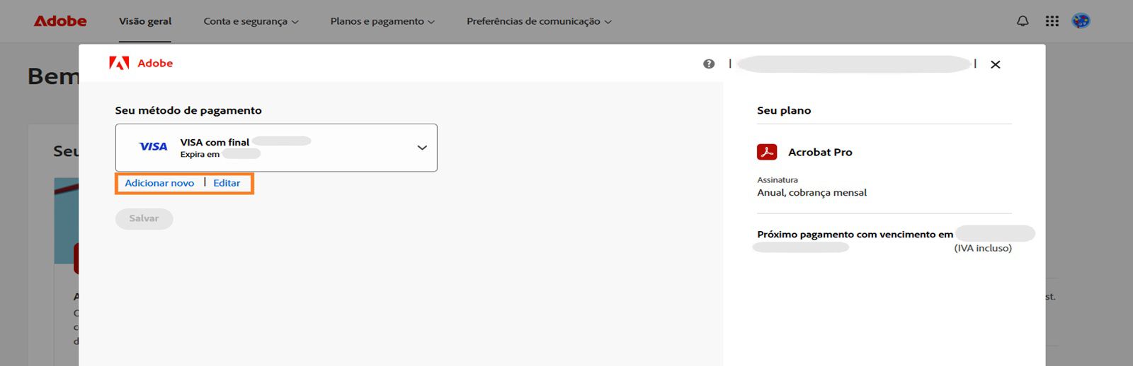 Sua janela de método de pagamento exibe opções para Adicionar novos métodos de pagamento e Editar métodos de pagamento.