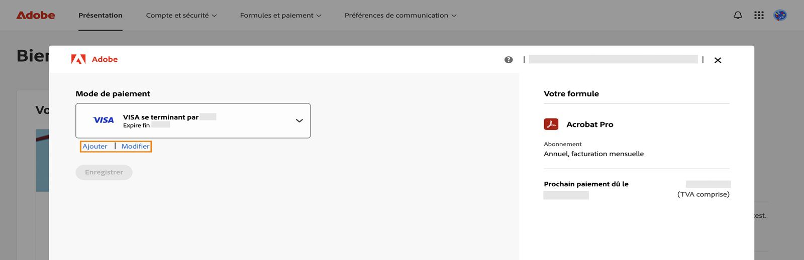La fenêtre de votre mode de paiement affiche les options Ajouter un nouveau mode de paiement et Modifier le mode de paiement.