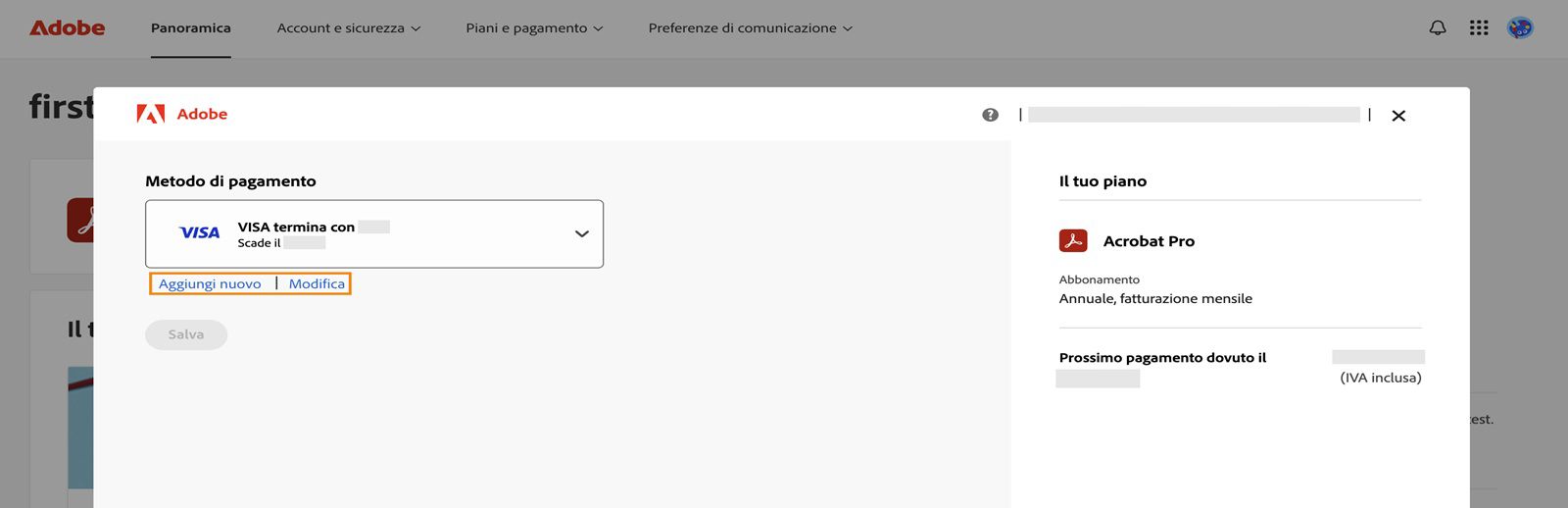 Nella finestra Metodo di pagamento sono visualizzate le opzioni Aggiungi nuovo e Modifica metodo di pagamento.