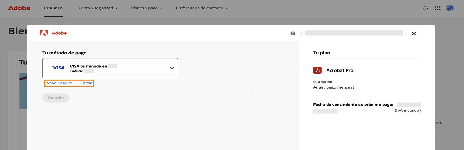 La ventana de su método de pago muestra las opciones Añadir nuevo y Editar métodos de pago.