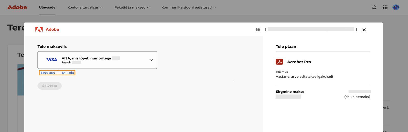 Maksemeetodite aknas on valikud „Lisa uus“ ja „Maksemeetodite muutmine“.