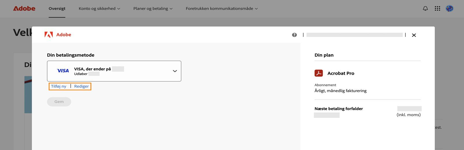 Betalingsmetodevinduet viser mulighederne Tilføj ny og Rediger betalingsmetoder.