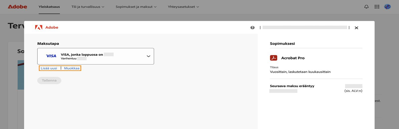 Maksutapa-ikkunassa on vaihtoehdot Lisää uusi ja Muokkaa maksutapaa.