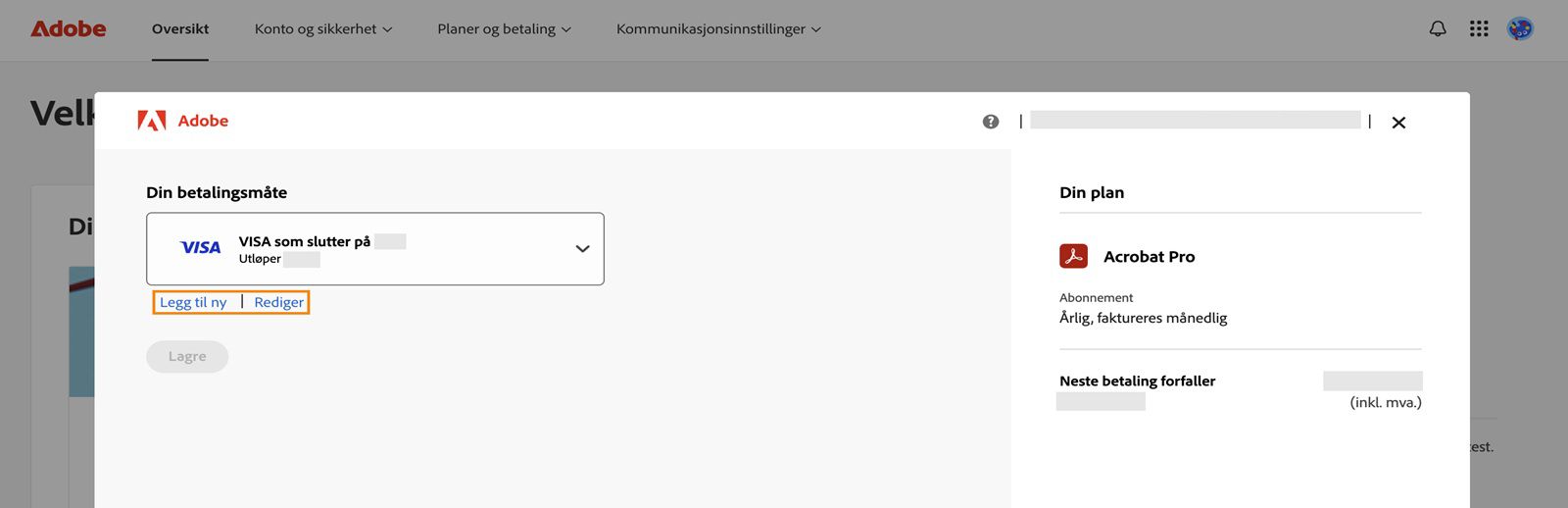 Betalingsmåte-vinduet viser alternativer for å legge til nye og redigere betalingsmåter.